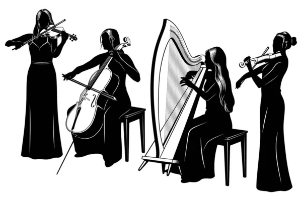 Conjunto Silhuetas Quarteto Cordas Orquestra Feminina Tocando Violinos Violoncelo Harpa — Vetor de Stock