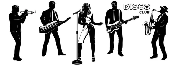 Disko Müzisyenleri Siluetleri Ayarlandı Kız Şarkı Söylüyor Erkekler Trompet Çalıyor — Stok Vektör