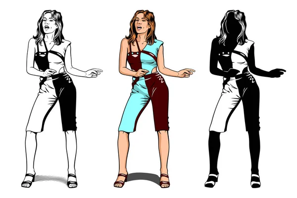 Personaje Disco Girl Mujer Cantando Bailando Esquema Color Silueta Cliparts — Archivo Imágenes Vectoriales