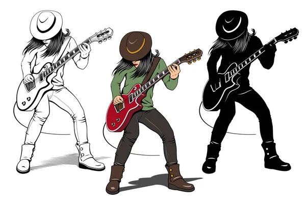 Ροκ Κιθαρίστας Χαρακτήρας Κορίτσι Καπέλο Που Παίζει Ηλεκτρική Κιθάρα Περίγραμμα — Διανυσματικό Αρχείο