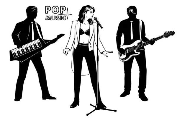 Silhouettes Ensemble Pop Music Singer Femme Avec Musiciens Fille Chantant — Image vectorielle