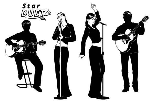 Kız Siluetleri Düet Yapıyor Iki Müzisyen Onlara Akustik Gitarda Eşlik — Stok Vektör