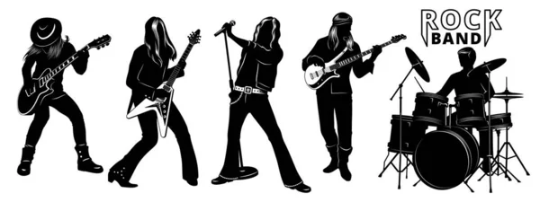 Rock Band Silhouettes Chanteur Deux Guitares Électriques Guitare Basse Batteur — Image vectorielle