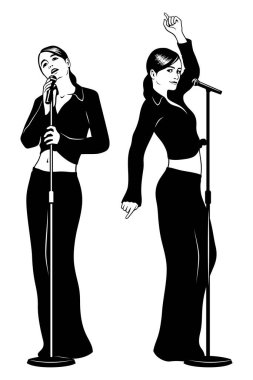 Bir şarkıcının silueti kadın düeti. Vektör ortamı beyazda izole edildi.