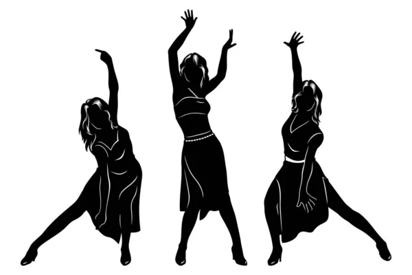 舞曲三重唱 三个女人跳舞唱歌轮廓油墨风格的绘图 被白色隔离的病媒群 — 图库矢量图片