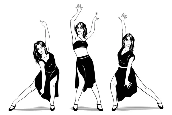 跳舞三重唱 三个女孩跳舞唱歌 轮廓油墨风格的绘图 被白色隔离的病媒群 — 图库矢量图片