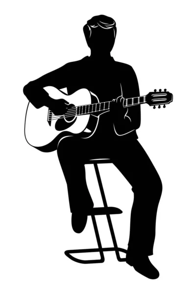 Silhueta Homem Sentado Tocando Guitarra Acústica Clipart Vetorial Isolado Branco — Vetor de Stock