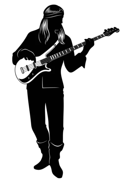 Elektro Bas Gitarla Çalan Bir Adamın Silueti Vektör Ortamı Beyazda — Stok Vektör