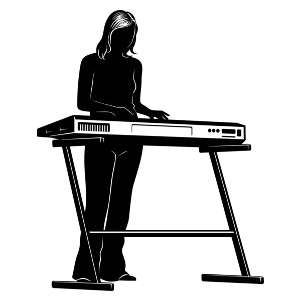 在音乐键盘上弹奏的女人的轮廓 被白色隔离的病媒群 — 图库矢量图片