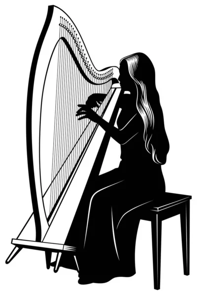 用竖琴弹奏的女人的轮廓 被白色隔离的病媒群 — 图库矢量图片