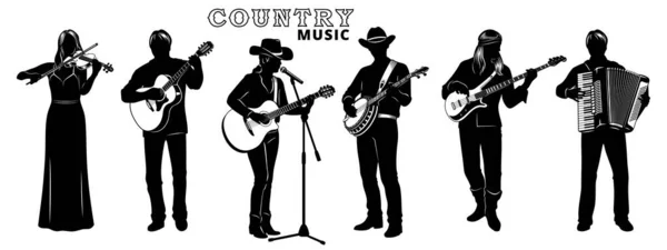 Ensemble Silhouettes Country Band Singer Girl Avec Guitare Acoustique Banjo — Image vectorielle