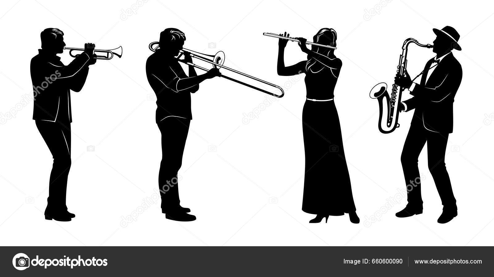 Silhuetas Conjunto Músicos Tocando Instrumentos Sopro Trombeta Trombone  Flauta Saxofone imagem vetorial de Yuralsart© 660600090