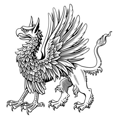 Ayakta duran Heraldic Griffin. Mürekkep stili oyma vektör kümesi. Renklendirme için tüm beyaz parçalar.