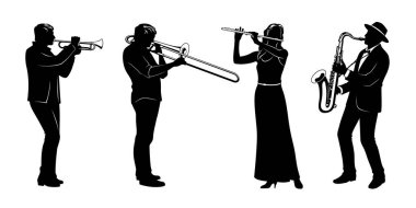 Rüzgar enstrümanlarıyla çalan müzisyenlerin siluetleri. Trompet, trombon, flüt, saksafon. Beyaz üzerine izole vektör klipleri.