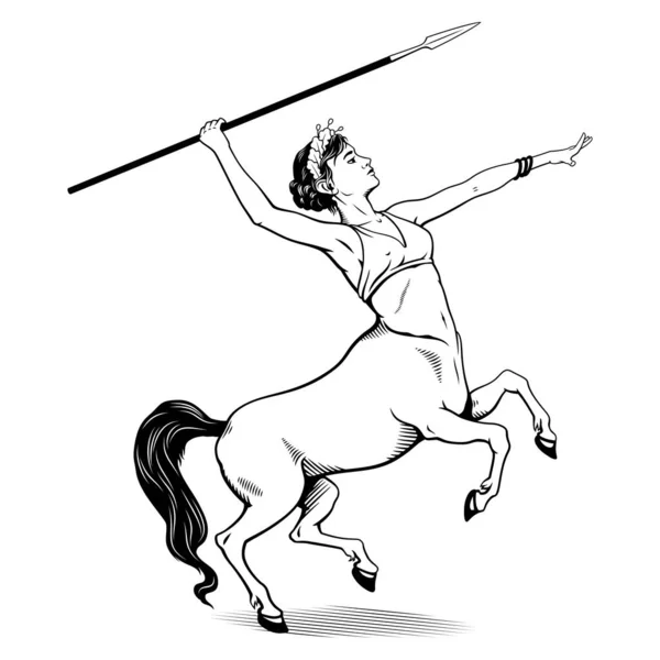Centaur Girl Spear Vector Ink Style Outline Drawing Coloring Page — Stock Vector