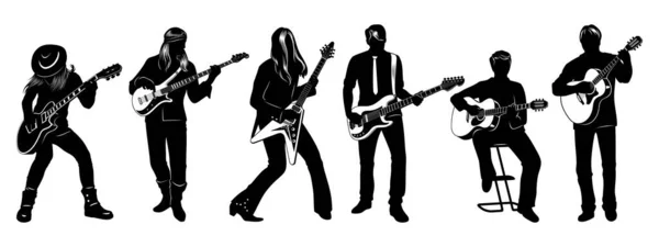 Guitaristes Silhouette Set Hommes Jouant Sur Des Guitares Électriques Acoustiques — Image vectorielle