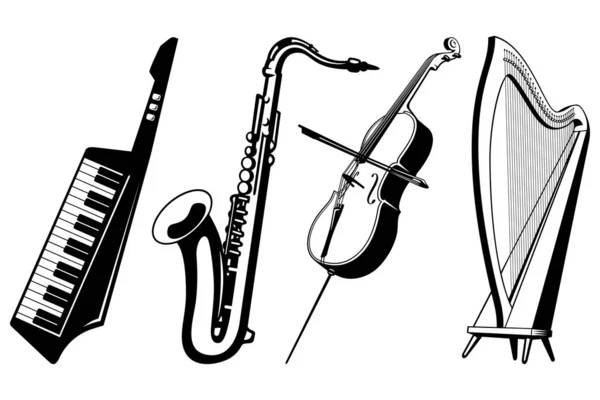 Muziekinstrumenten Iconen Ingesteld Harp Cello Saxofoon Keytar Vector Cliparts Geïsoleerd — Stockvector