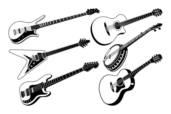 Gitar Silueti Seti Elektrik Akustik Gitarlar Banjo Beyaz Üzerine Izole — Stok Vektör