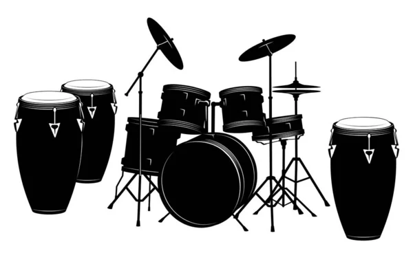 Drums Silhouet Set Drumstel Percussievaten Vector Cliparts Geïsoleerd Wit — Stockvector
