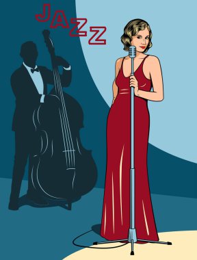 Retro Jazz Posteri. Şarkıcı Kadın ve Kaçak Oyuncu. Vektör illüstrasyonu.