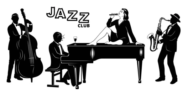 Set Silhouette Retro Jazz Club Cantante Seduta Pianoforte Pianista Contrabbassista — Vettoriale Stock