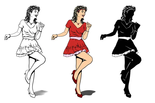 Dancing Woman Character Girl Red Dress Dancing Outline Color Silhouette — Stock Vector