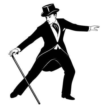 Retro Dancer 'ın silueti. Paltolu ve baston danslı silindir şapkalı bir adam. Beyaz üzerine izole vektör klipleri.