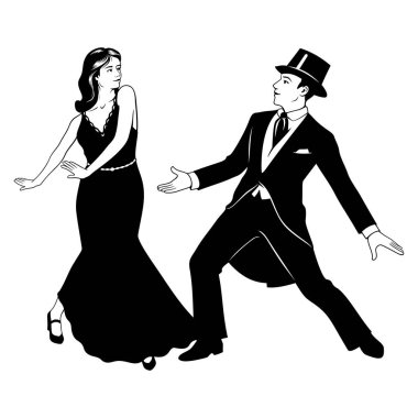 Retro Dansçıların Silueti. Retro giysili kadın ve erkek dans ediyor. Şekiller ayrı nesnelerdir. Beyaz üzerine izole vektör klipleri.