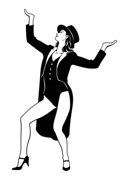 Showgirl Silhouette Woman Tailcoat Hat Dancing Vector Cliparts Isolated White — Stock Vector