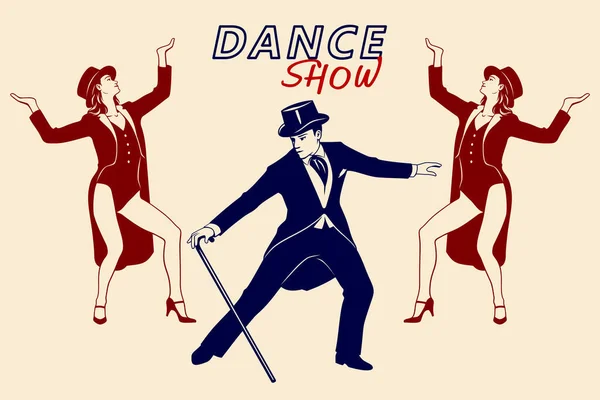 Dance Show Silhouette Poster Två Kvinnor Och Man Retrodräkter Dansar — Stock vektor