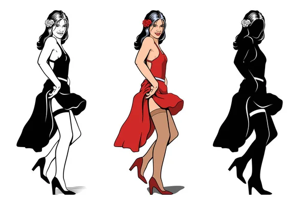 Personaje Mujer Bailarina Española Sexy Girl Dancing Versiones Esquema Color — Vector de stock
