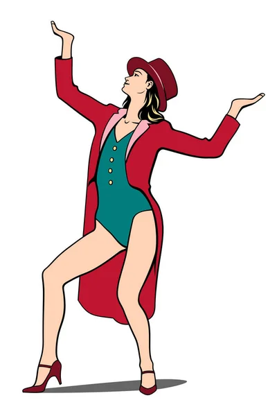 Showgirl Woman Tailcoat Top Hat Dancing Realistic Cartoon Vector Clipart — Stock Vector