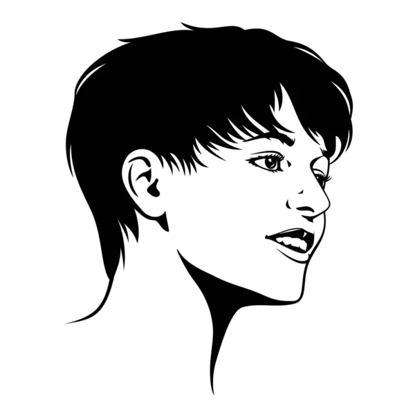 Női Arc Sziluett Fekete Fehér Stencil Portré Lány Rövid Frizurával — Stock Vector