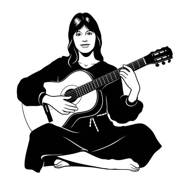 Akustik gitarla çalan hippi bir kızın silueti. Siyah ve beyaz şablon vektör clipart.