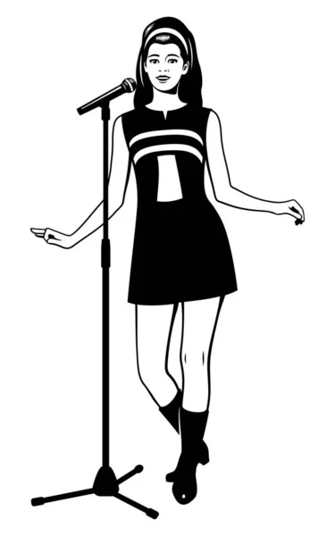 Pop Singer Girl Ans Clipart Vectoriel Style Encre Noire Blanche — Image vectorielle