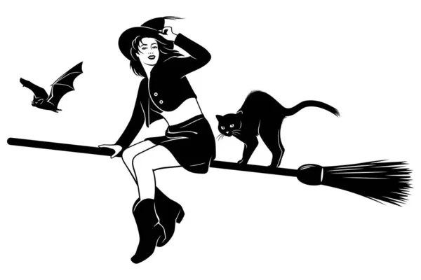 年轻的女巫骑着扫帚带着猫和蝙蝠飞 黑色和白色墨水风格的矢量倾向 所有的数字都是分开的 — 图库矢量图片