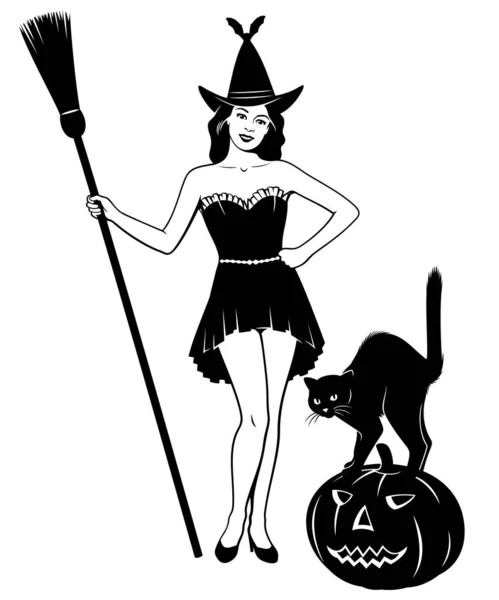 Young Halloween Witch Standing Broomstick Cat Pumpkin Black White Ink — Stock Vector