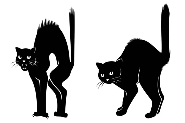 怖い猫のシルエット ウィッチの黒猫 漫画と現実的なバージョン 白で隔離されたベクトル断片 — ストックベクタ
