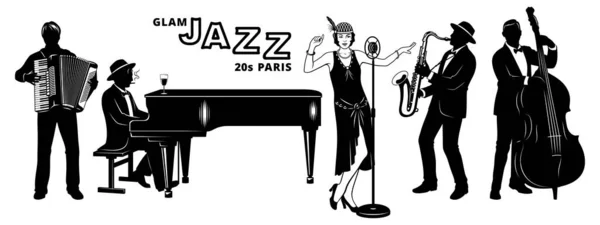 20 'li yılların Retro French Jazz Grubu. Siluetler hazır. Flapper kız şarkıcı, piyanist, akordiyonist, çift basçı, saksafoncu. Beyaz üzerine izole vektör klipleri.