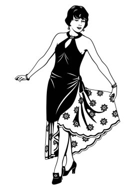 Flapper Girl. Güzel kadın 20 'li yaşlarda. Siyah ve beyaz mürekkep biçimi vektör dağılımı beyaz üzerinde izole.