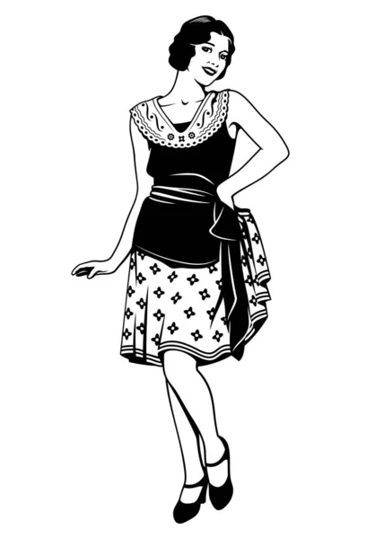 Pretty Woman 20S Flapper Girl Black White Ink Style Vector — Stock Vector