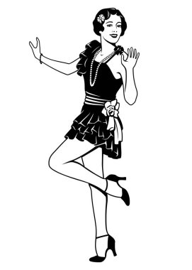 Komik Flapper Girl. Retro güzel kadın dans ediyor. Siyah ve beyaz mürekkep biçimi vektör dağılımı beyaz üzerinde izole.