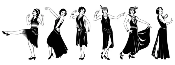 Flapper Girls Set Beauté Rétro Femmes 20S Cliparts Vectoriels Style — Image vectorielle