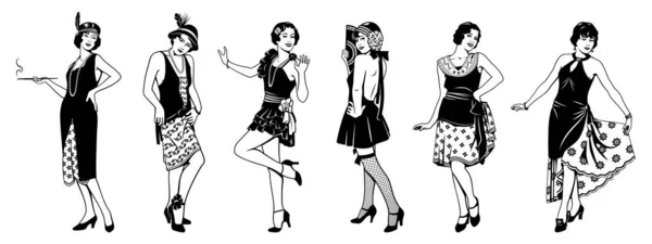 Piękne Kobiety Dwudziestce Kolekcja Flapper Girls Czarno Biały Atrament Styl — Wektor stockowy