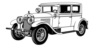 Klasik Vintage Retro Car. Siyah ve beyaz vektör iklimi beyaz üzerinde izole.