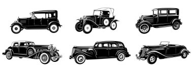 Vintage Retro Car seti. Vektör siluetleri beyaza izole edildi.