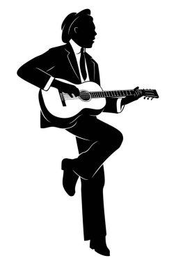 Akustik gitarla çalan bir adamın silueti. Vektör ortamı beyazda izole edildi.