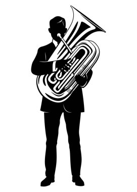 Tuba üzerinde oynayan bir adamın silueti. Vektör ortamı beyazda izole edildi.
