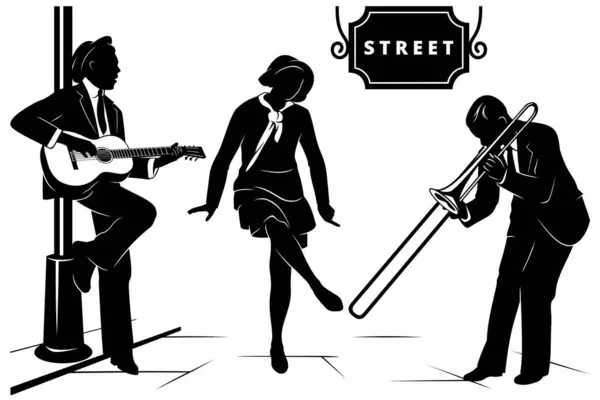 Sokak Müzisyenleri Siluetleri Çizimi. Gitarist, dansçı kadın ve tromboncu. Mesajın için afiş. Tüm elementler ayrıdır.