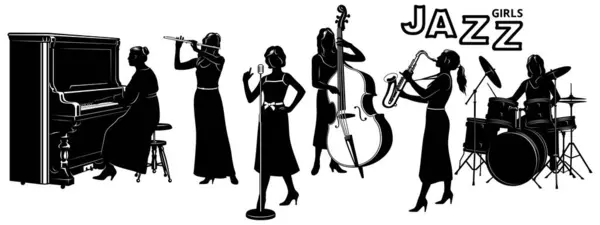 Woman Jazz Band Silhouettes Set Pianist Flutist Singer Double Bassist — Image vectorielle